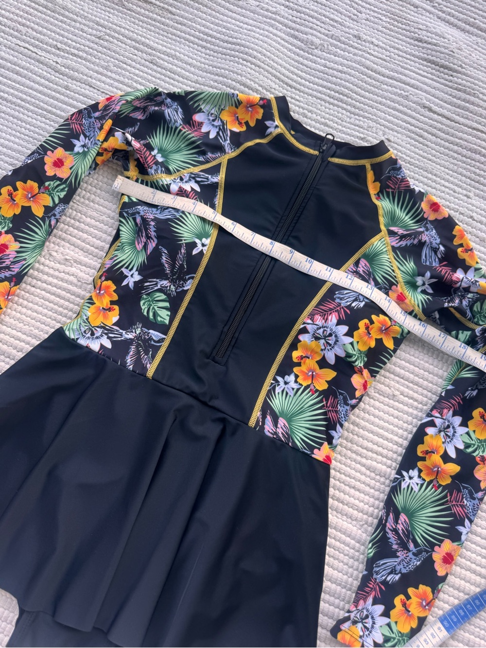 Amazon Black Tropical Floral Long-Sleeve Rash Guard Swim Dress with Yellow Trim - Picture 8 of 12